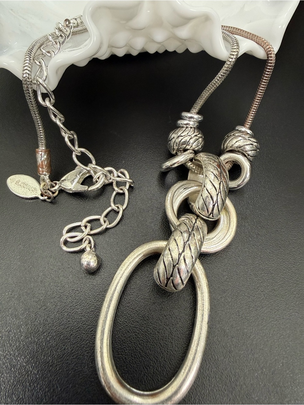 Chico’s Silver-Tone Snake Chain Textured Ring Charm Pendant Necklace